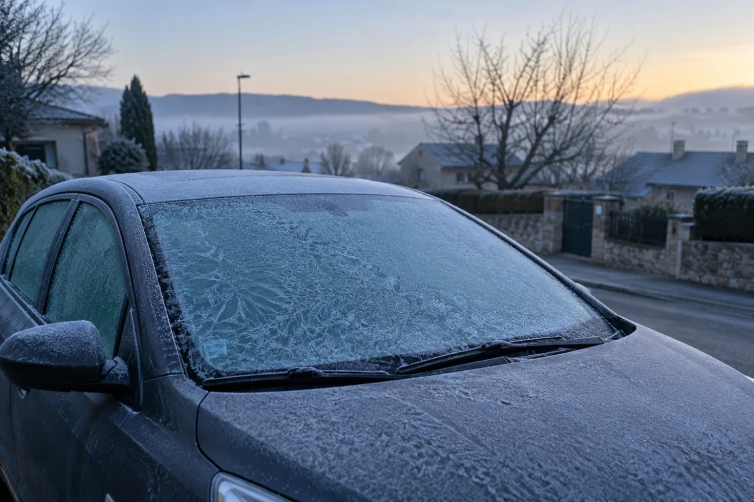 Voiture garée dehors au petit matin d'hiver, pare-brise couvert de givre, brume de la vallée