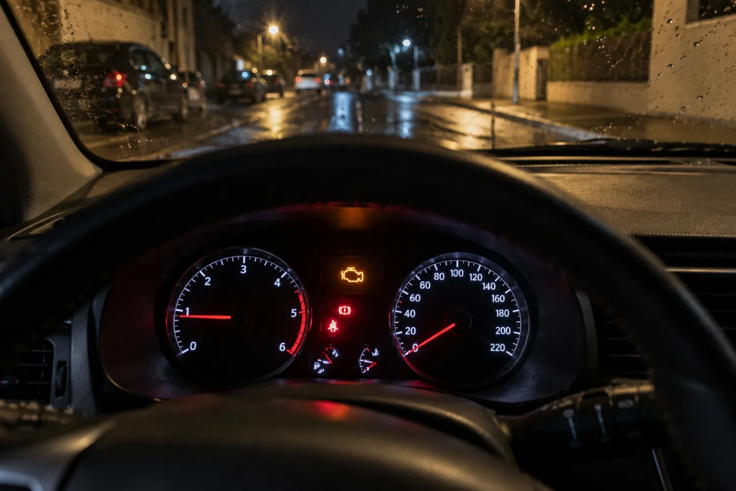 Voyant moteur orange allumé au tableau de bord, vu depuis le siège conducteur, de nuit