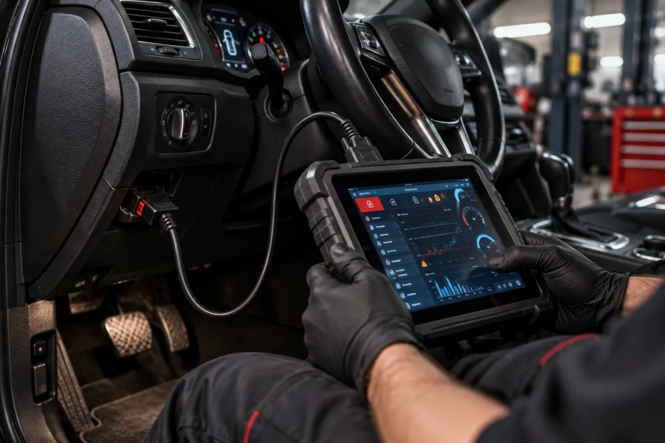 Valise de diagnostic branchée sur la prise OBD d'un véhicule au garage ISLK